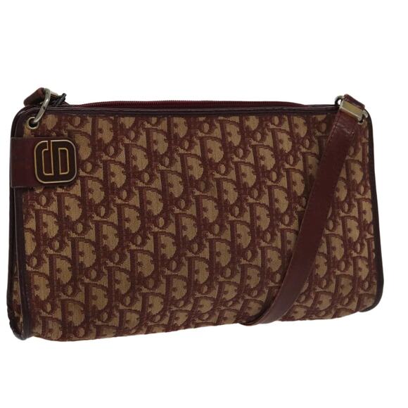 DIOR Trotter Canvas Shoulder Bag Beige Wine Red Gold - Picture 1 of 12